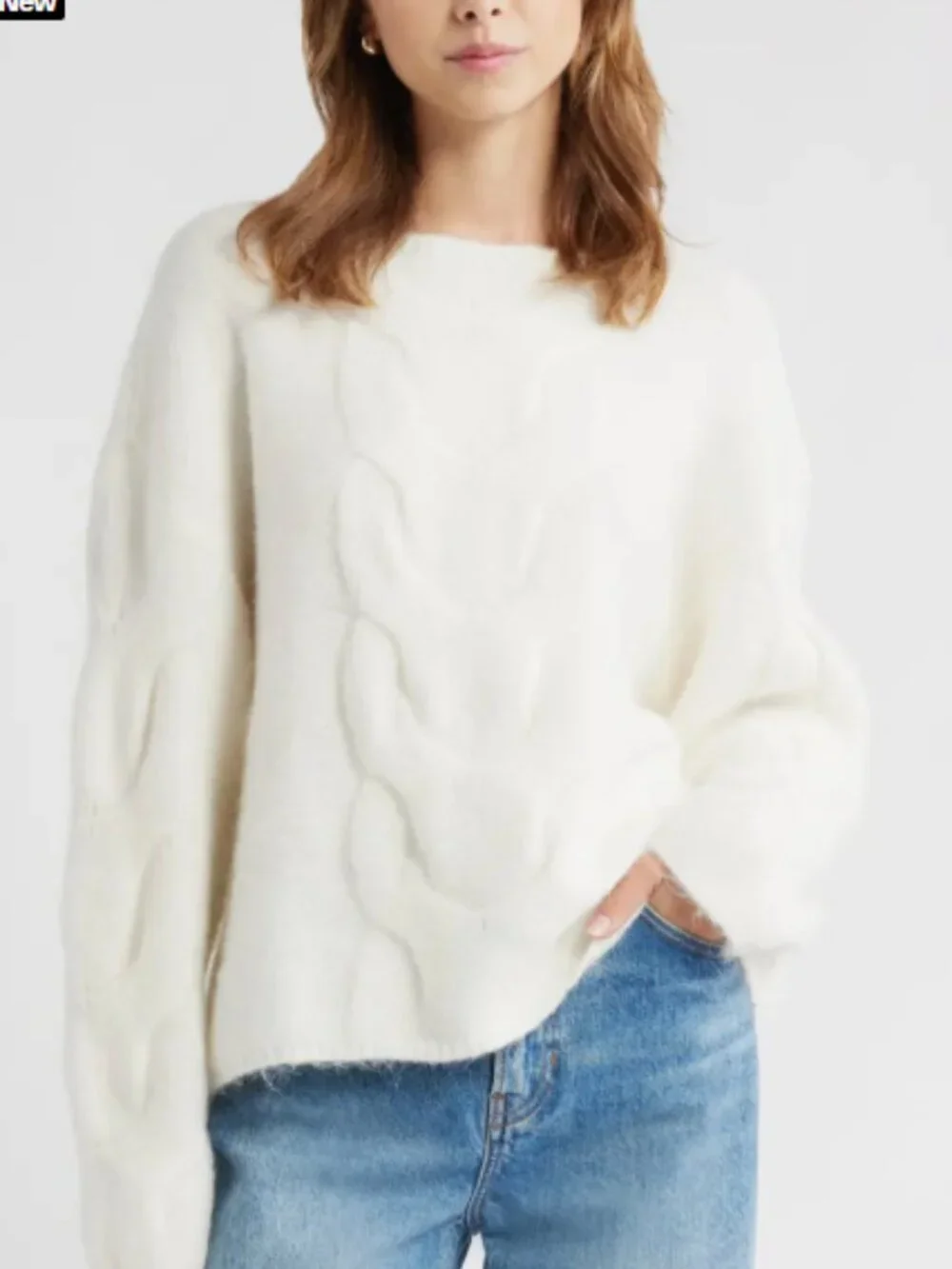 Open Edit Oversized Cable Boatneck Sweater – Size XS (Ivory)